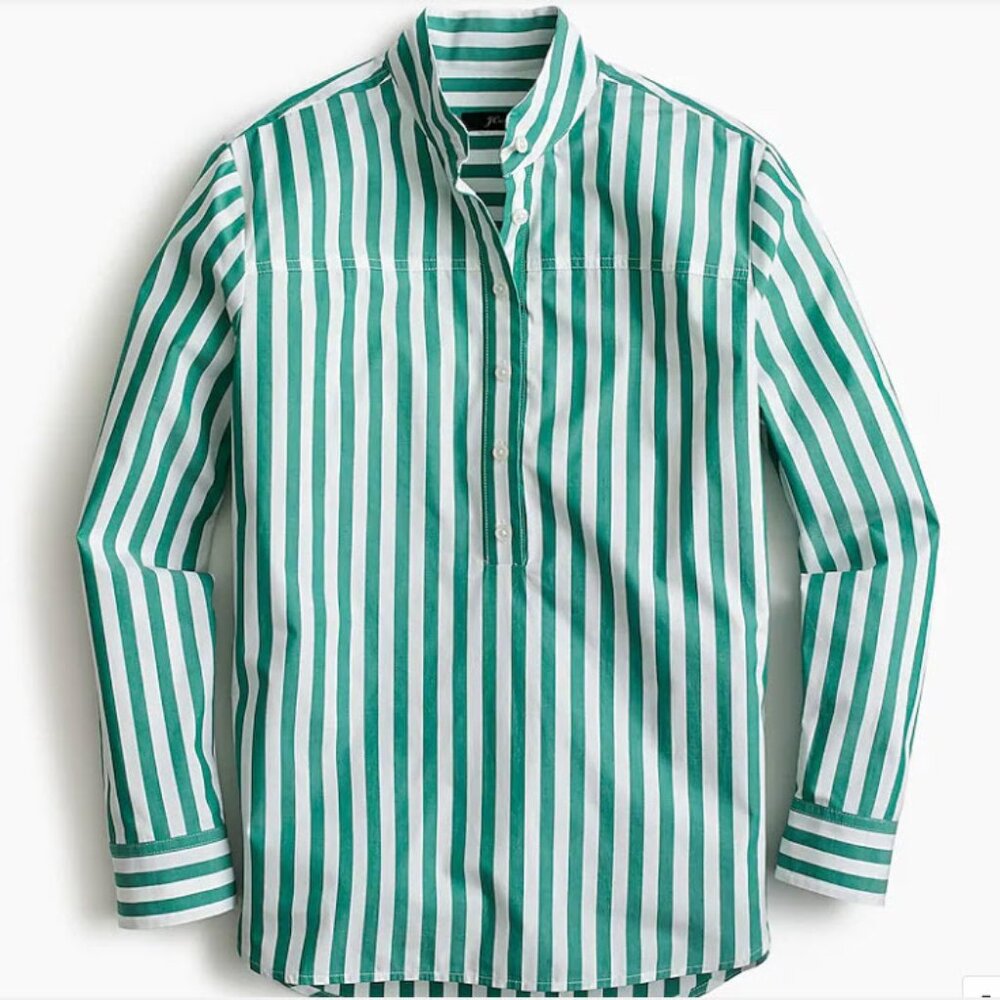 NWT J Crew Band-collar cotton poplin tunic in bold green stripe Size 0